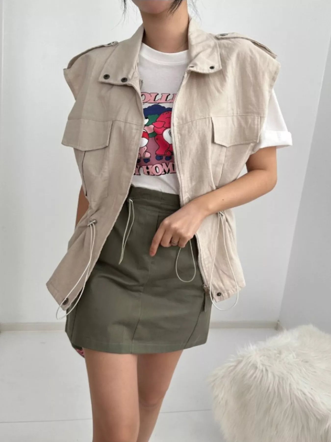 Drawstring Zip Up Vest Coat Easy Apparels