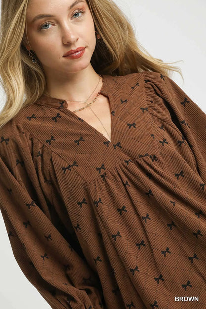 Trendsi Umgee Corduroy Bow Print Balloon Sleeve Blouse