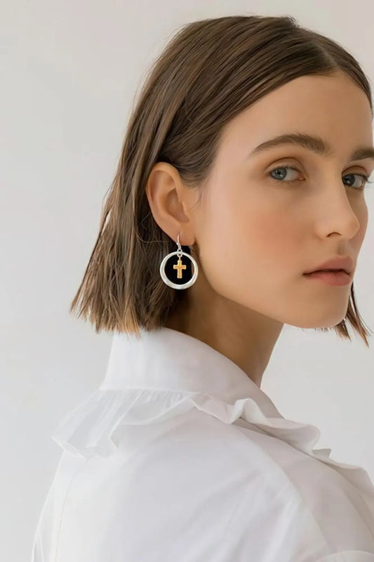Brass Contrast Cross Dangle Earrings Silver One Size Easy Apparels