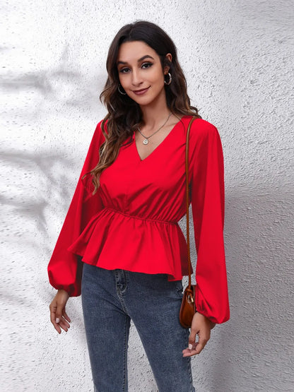 Trendsi V-Neck Balloon Sleeve Peplum Blouse Deep Red
