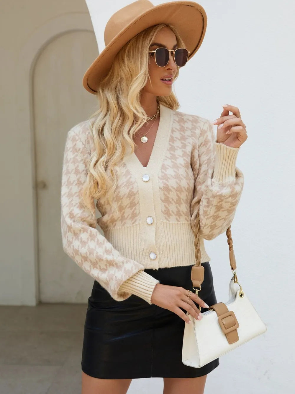 Houndstooth Button Up Long Sleeve Cardigan Easy Apparels