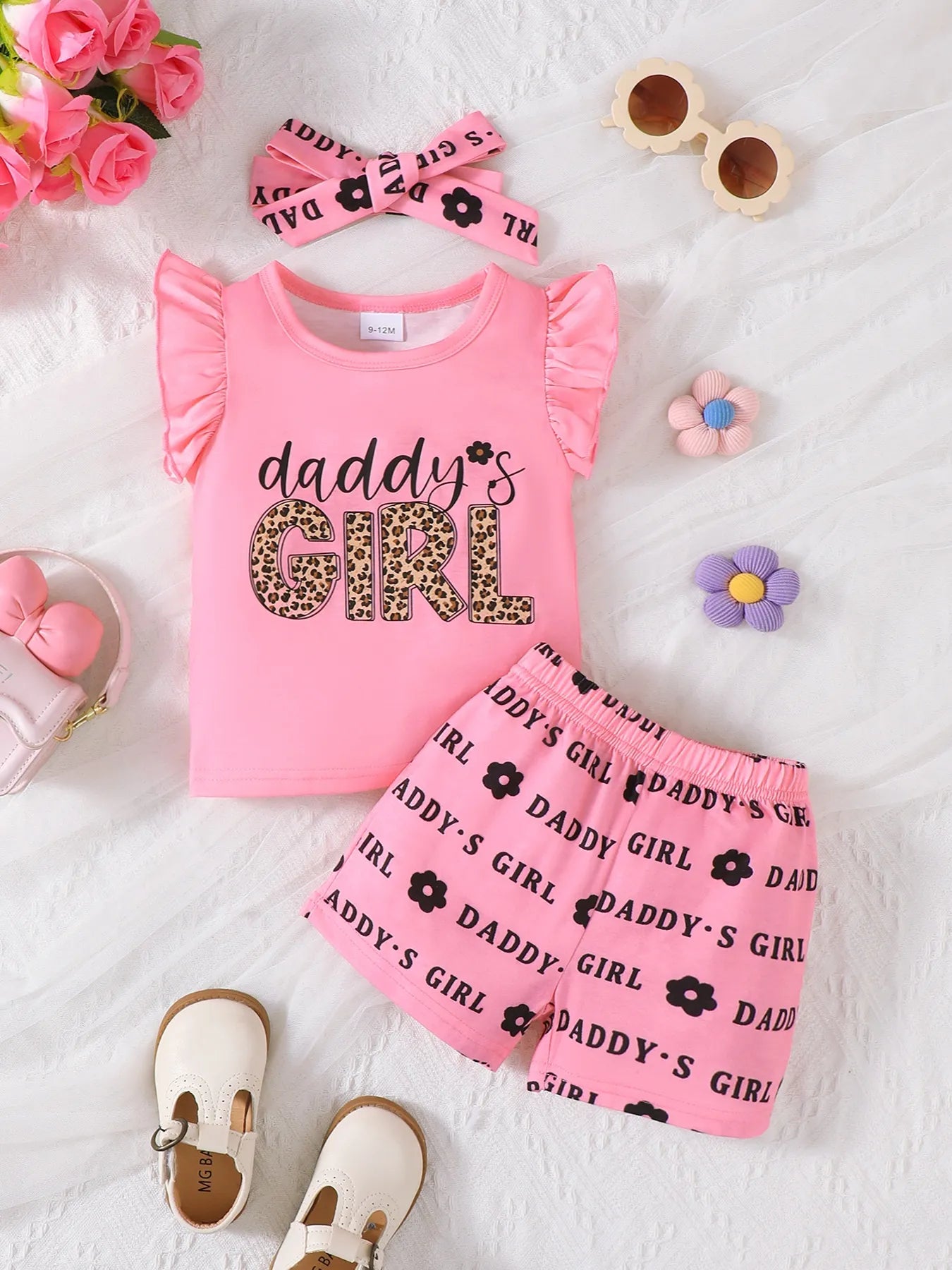 Children's Headband Letter Ruffle Sleeve Top and Shorts 3-Piece Set Easy Apparels