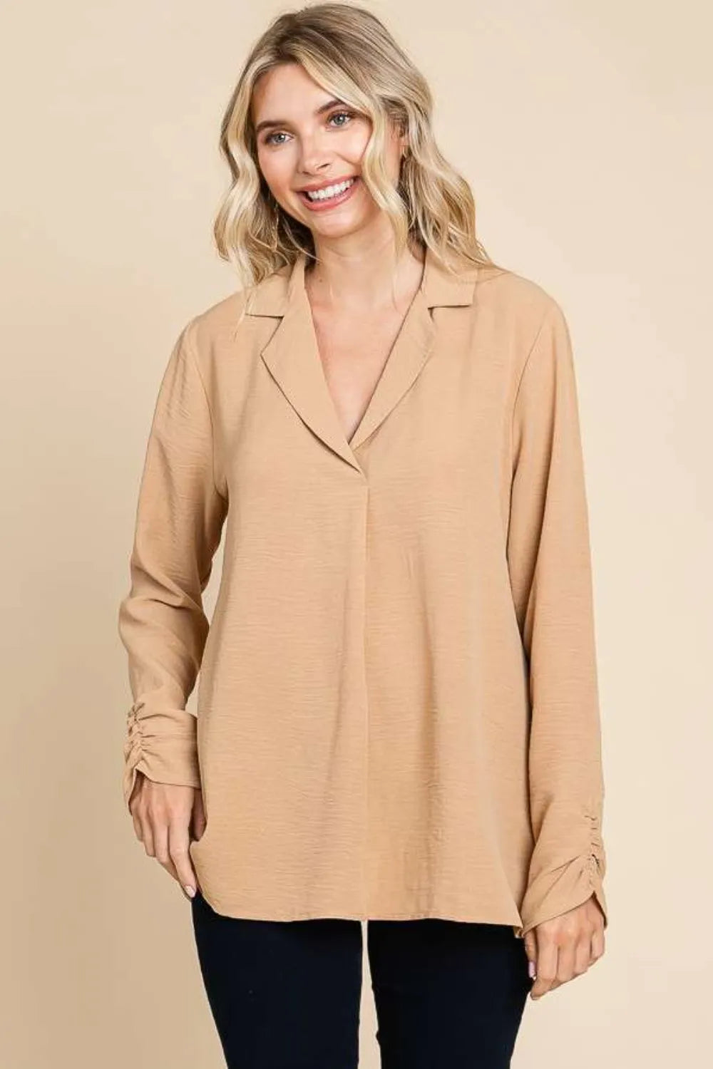 Trendsi Culture Code Full Size Lapel Collar Ruched Long Sleeve Blouse ICED