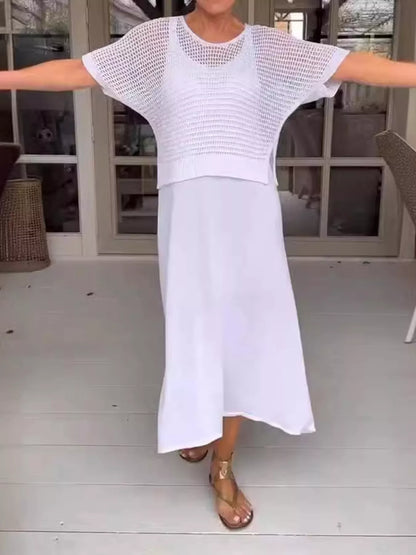 Full Size Openwork Knit Cover Up and Dress Set Plus Size White Easy Apparels