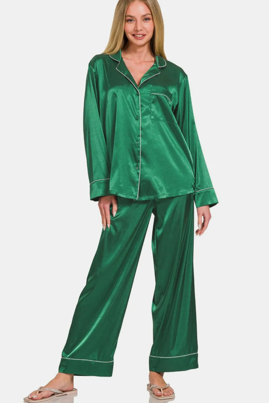 Zenana Satin Long Sleeve Shirt and Pants Pajama Set Hunter Green Easy Apparels