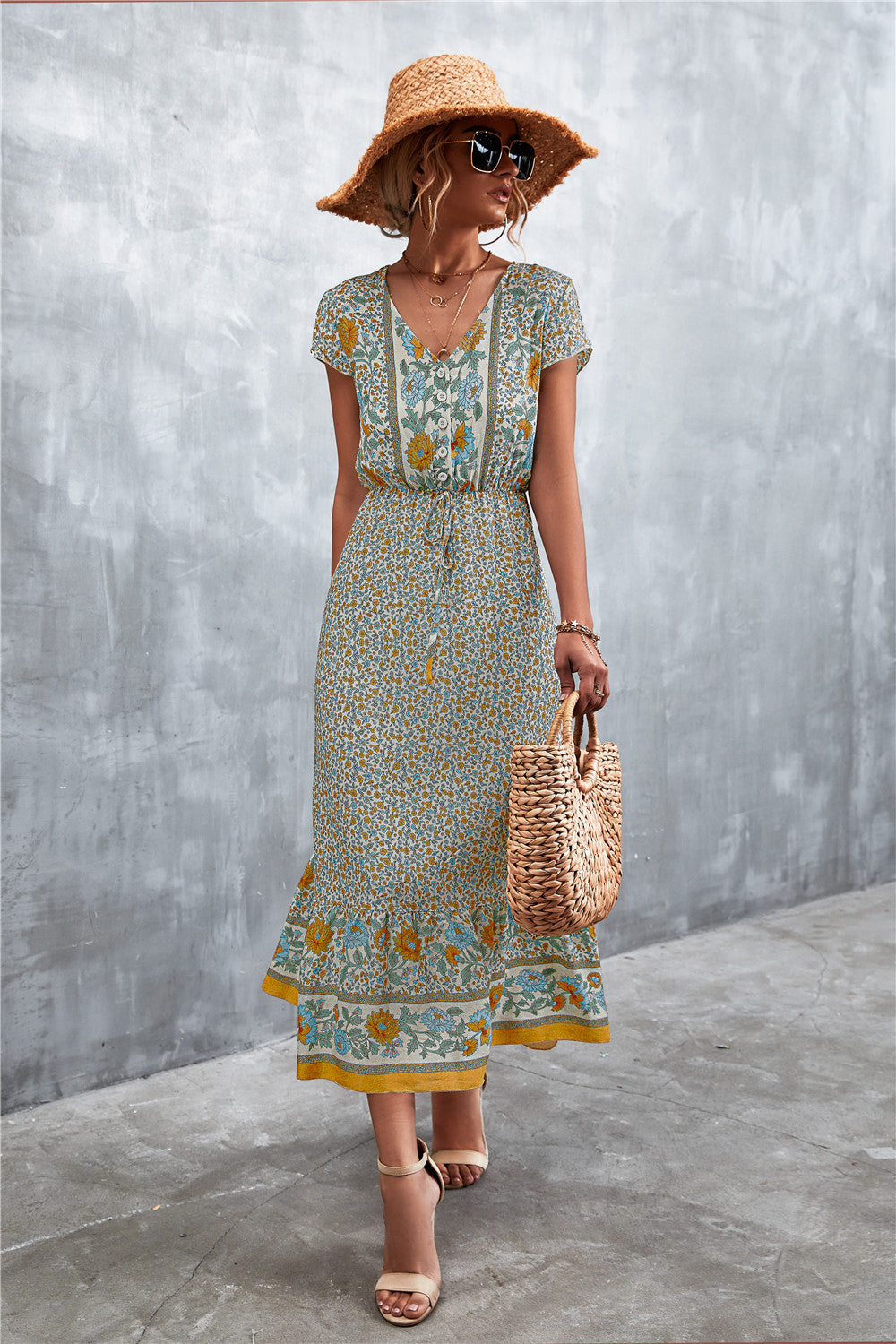 Trendsi V-Neck Short Sleeve Printed Maxi Dress