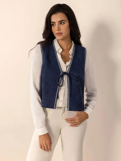 Tied Contrast Trim Vest Easy Apparels