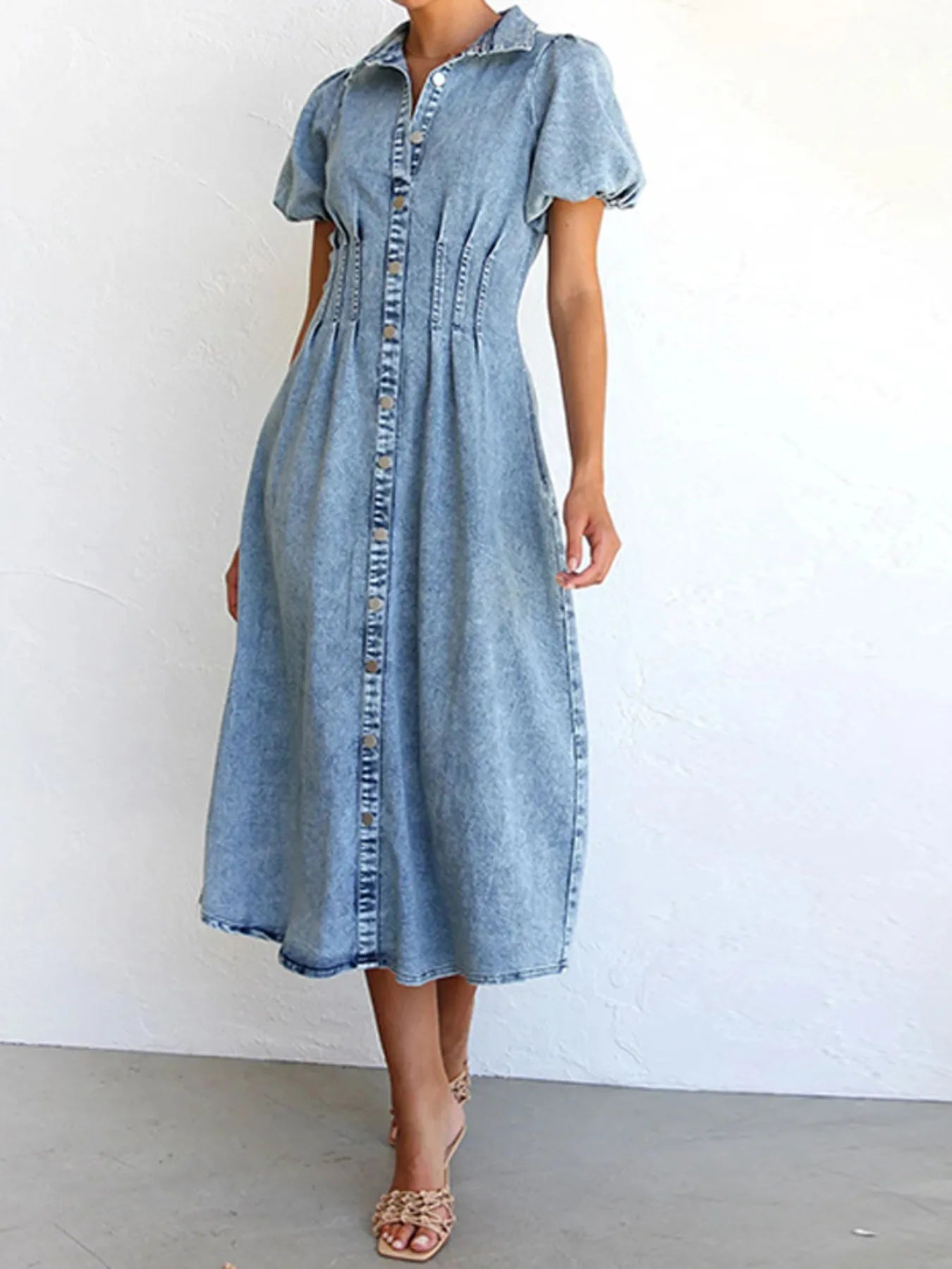 Puff Sleeve Button Front Denim Midi Dress Easy Apparels