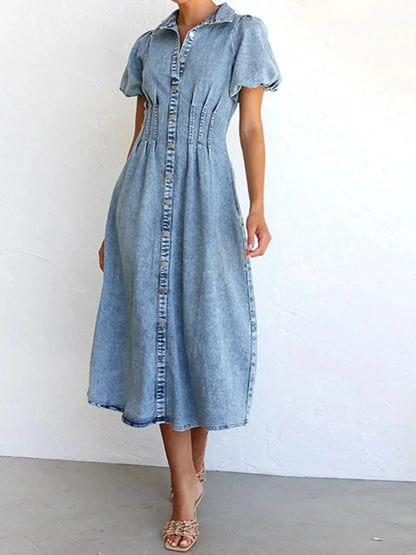 Puff Sleeve Button Front Denim Midi Dress Easy Apparels