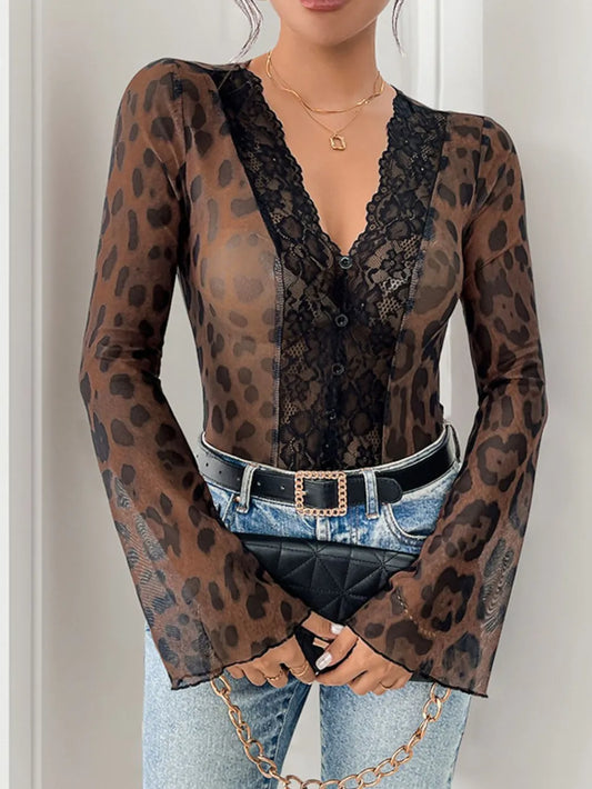 Trendsi Perfee Leopard V-Neck Lace Bodysuit Brown