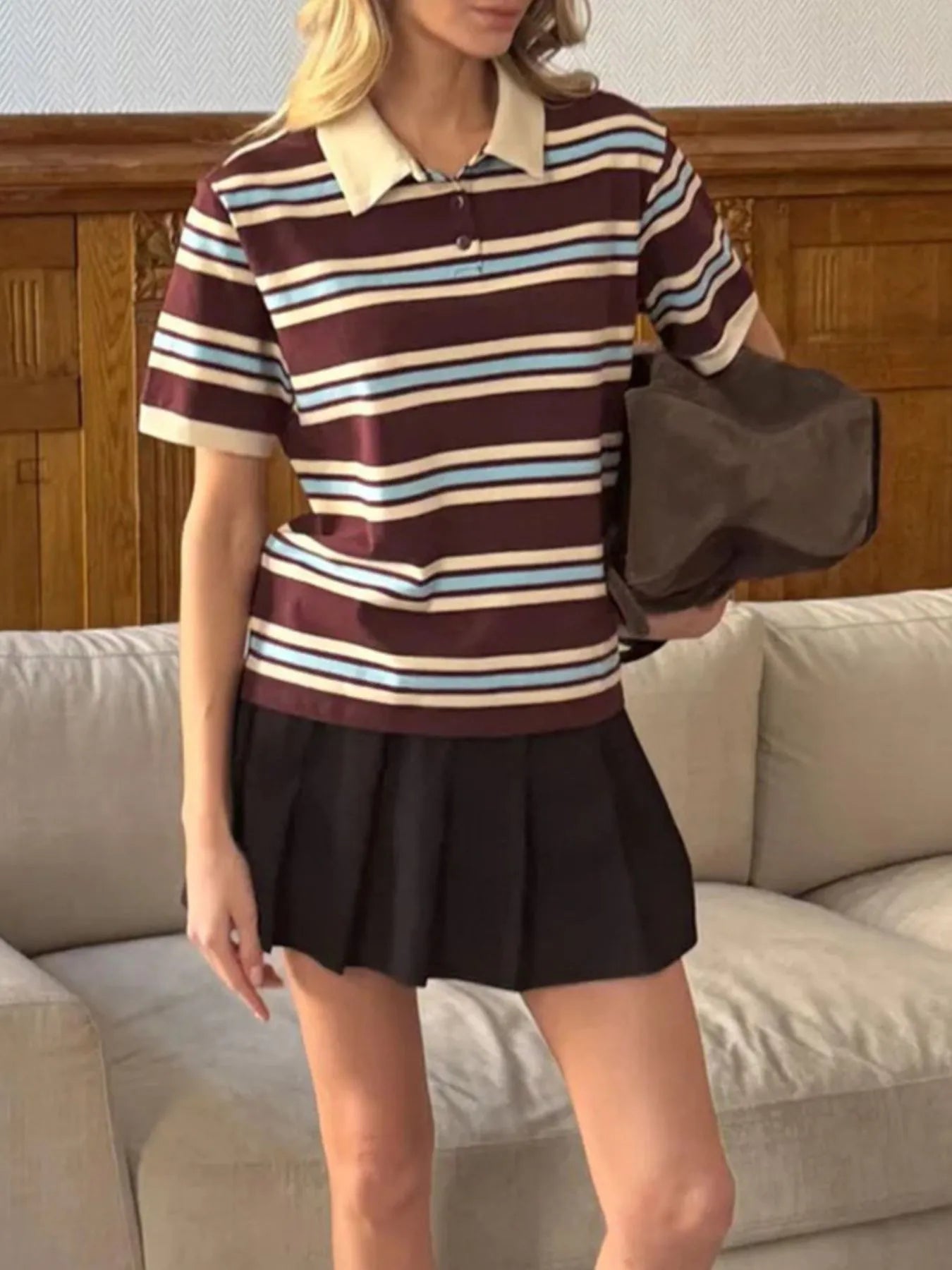 Trendsi Striped Polo T-Shirt with Contrast Collar