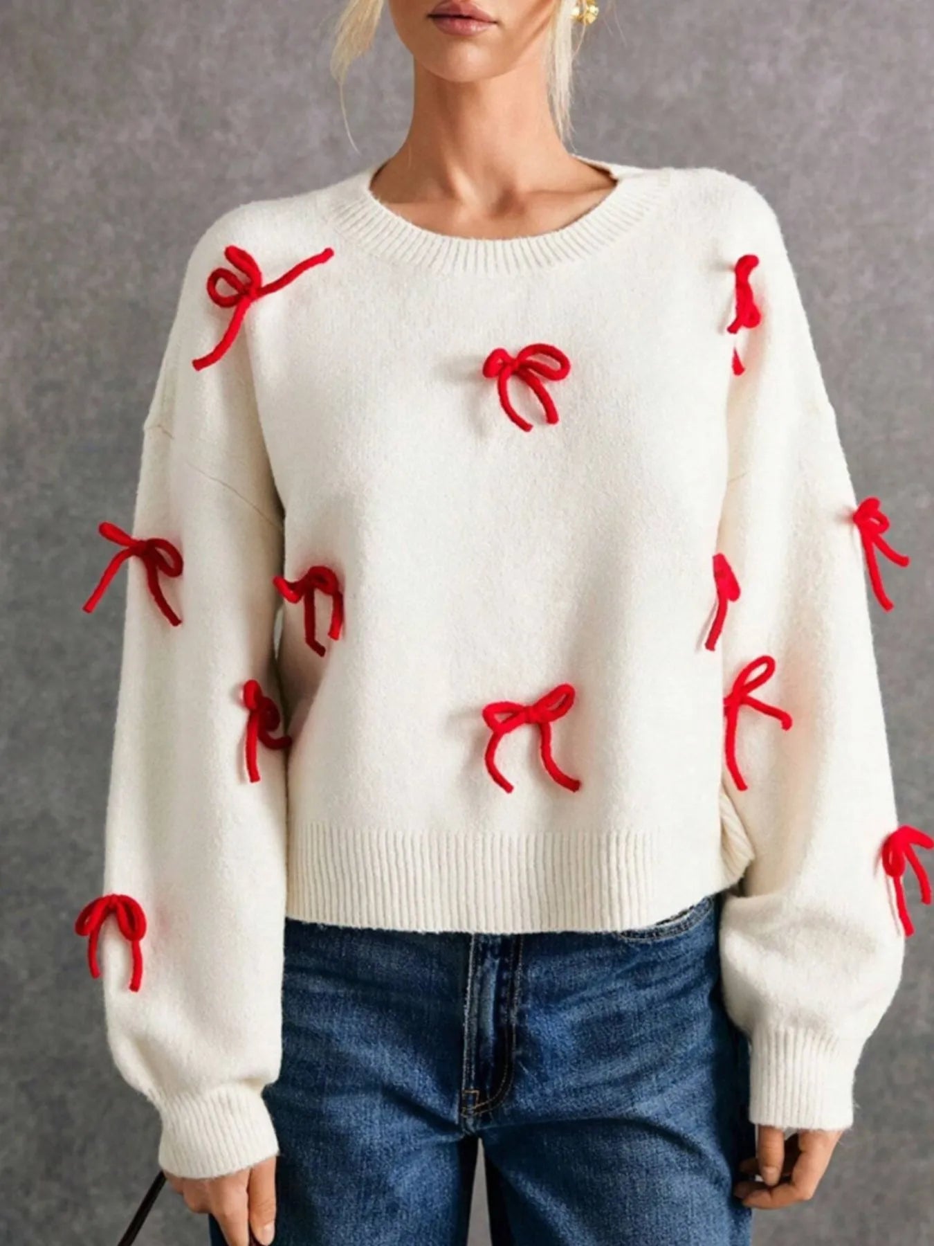 Trendsi Bow Contrast Round Neck Long Sleeve Sweater