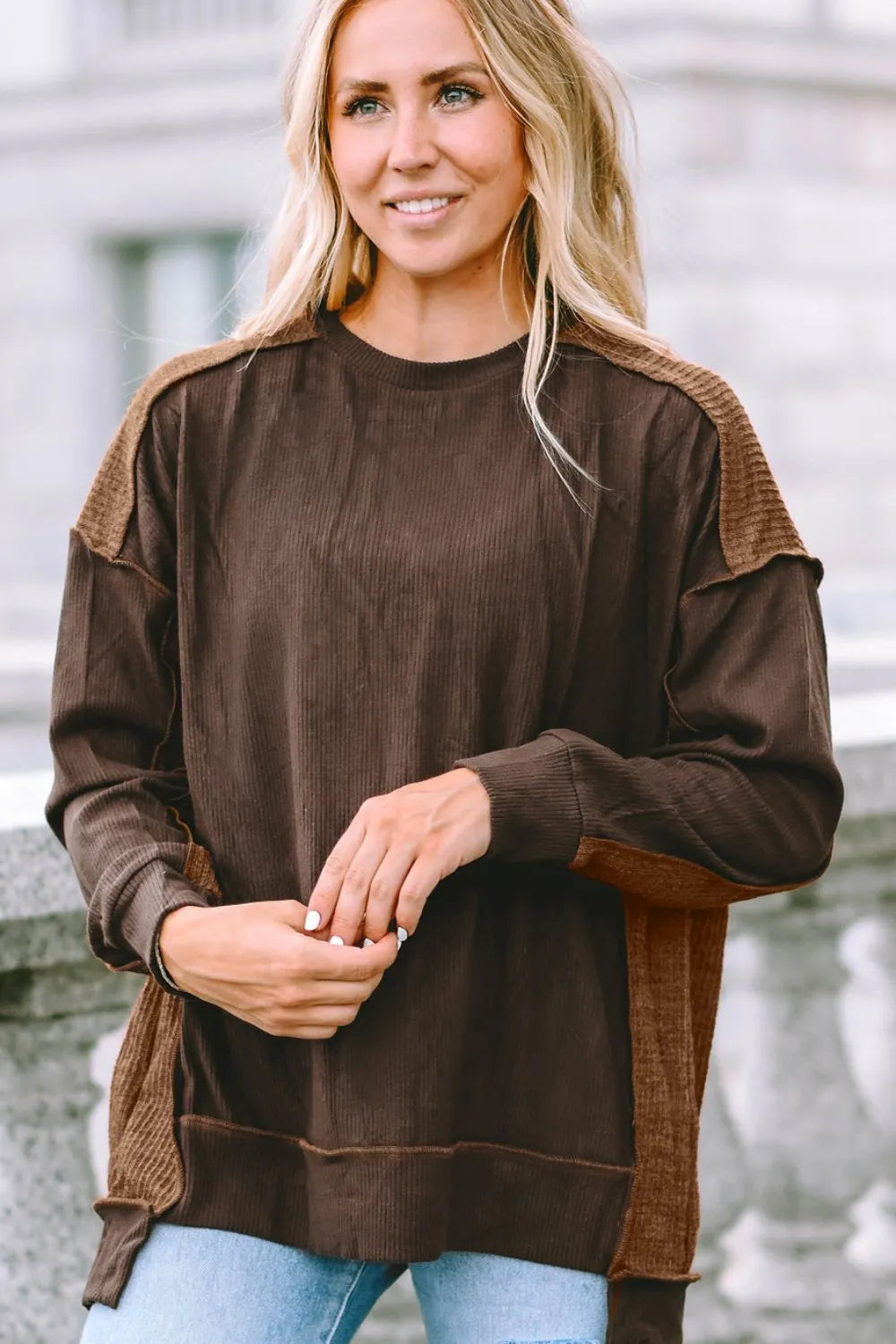 Trendsi Ribbed Exposed Seam Dropped Shoulder Blouse