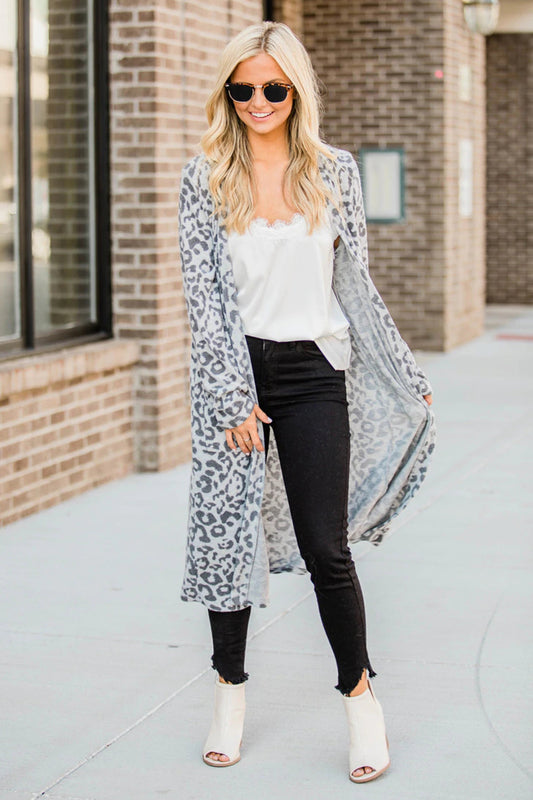 Open Front Leopard Cardigan Cloudy Blue Easy Apparels
