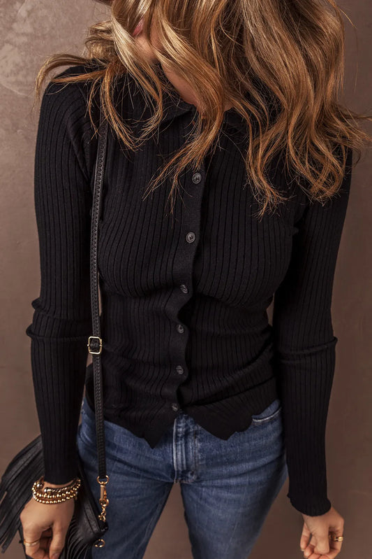 Button Up Collared Neck Cardigan Black Easy Apparels