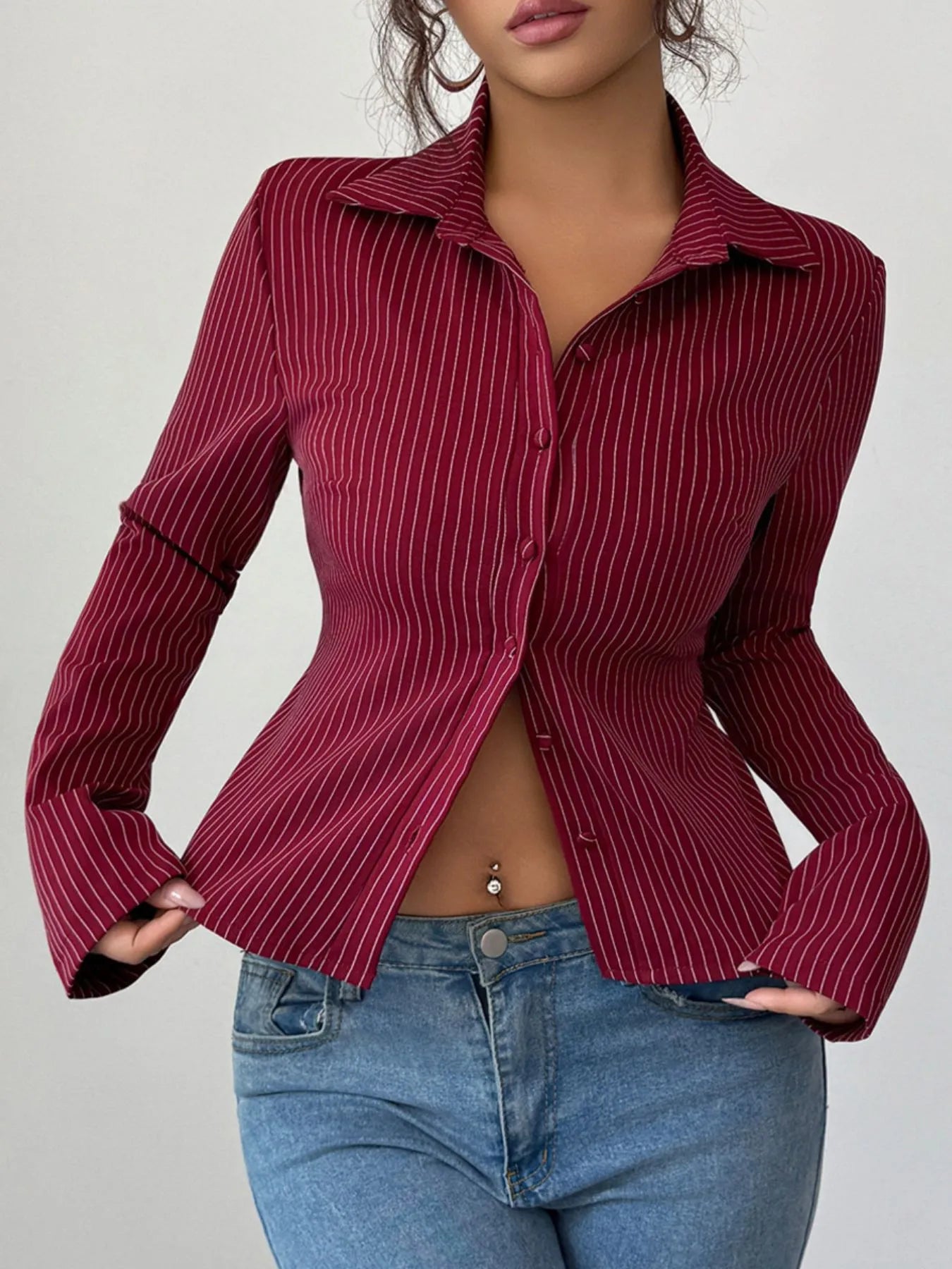 Trendsi Striped Button-Up Fitted Shirt Burgundy