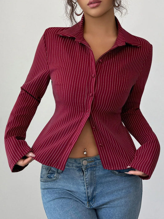 Trendsi Striped Button-Up Fitted Shirt Burgundy