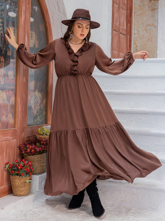 Plus Size V-Neck Ruffle Trim Maxi Dress Brown Easy Apparels