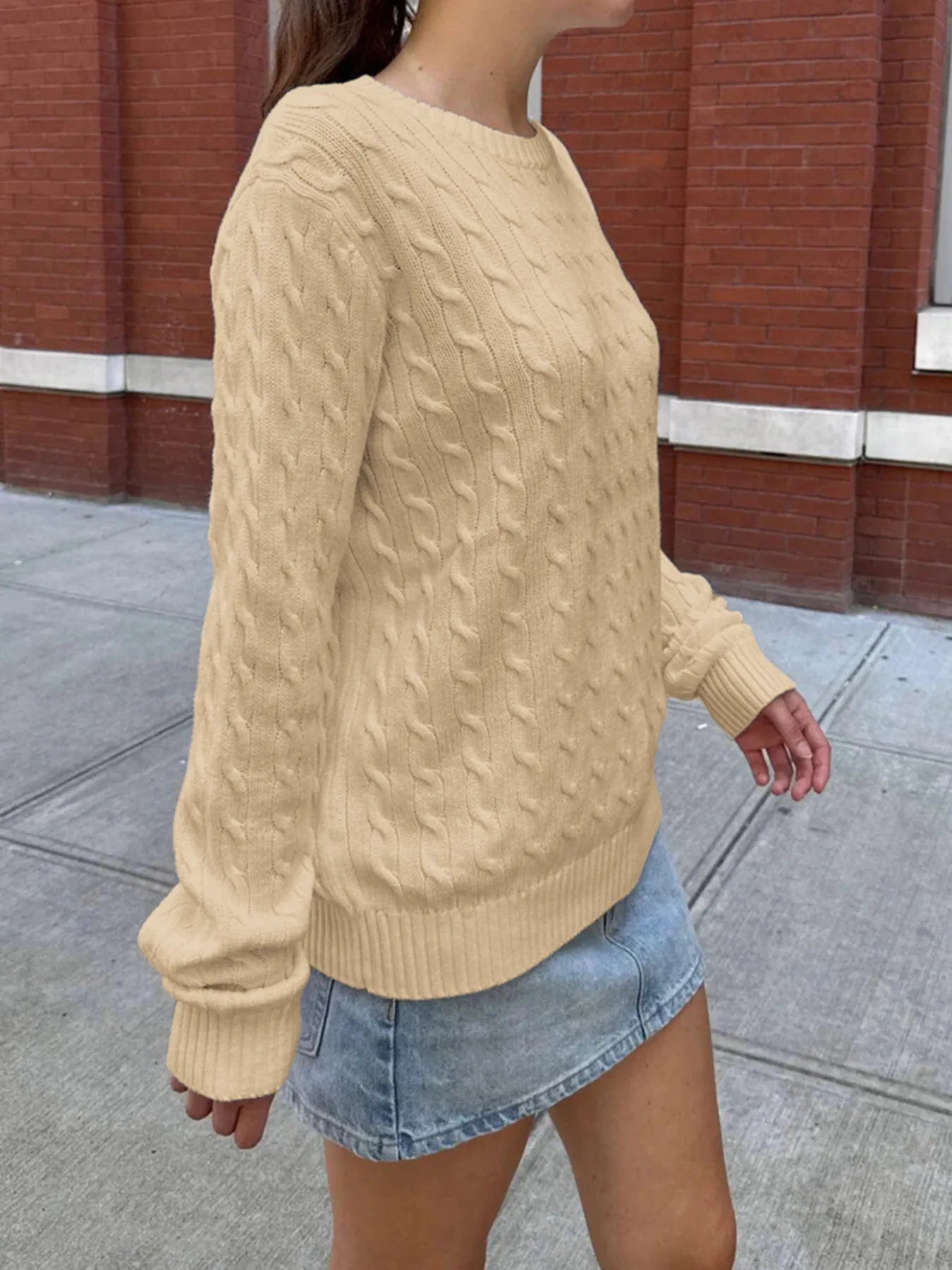 Trendsi Cable-Knit Round Neck Pullover Sweater