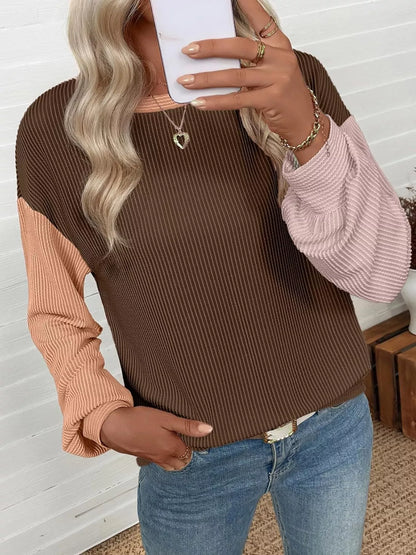 Trendsi Color Block Ribbed Long Sleeve T-Shirt
