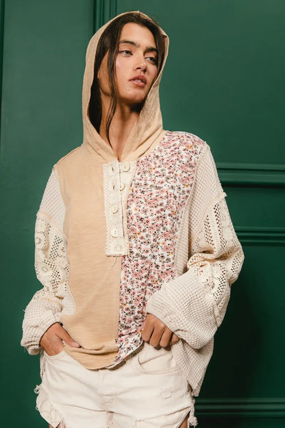 Trendsi BiBi Slub Jersey with Lace Combo Buttoned Hoodie Top