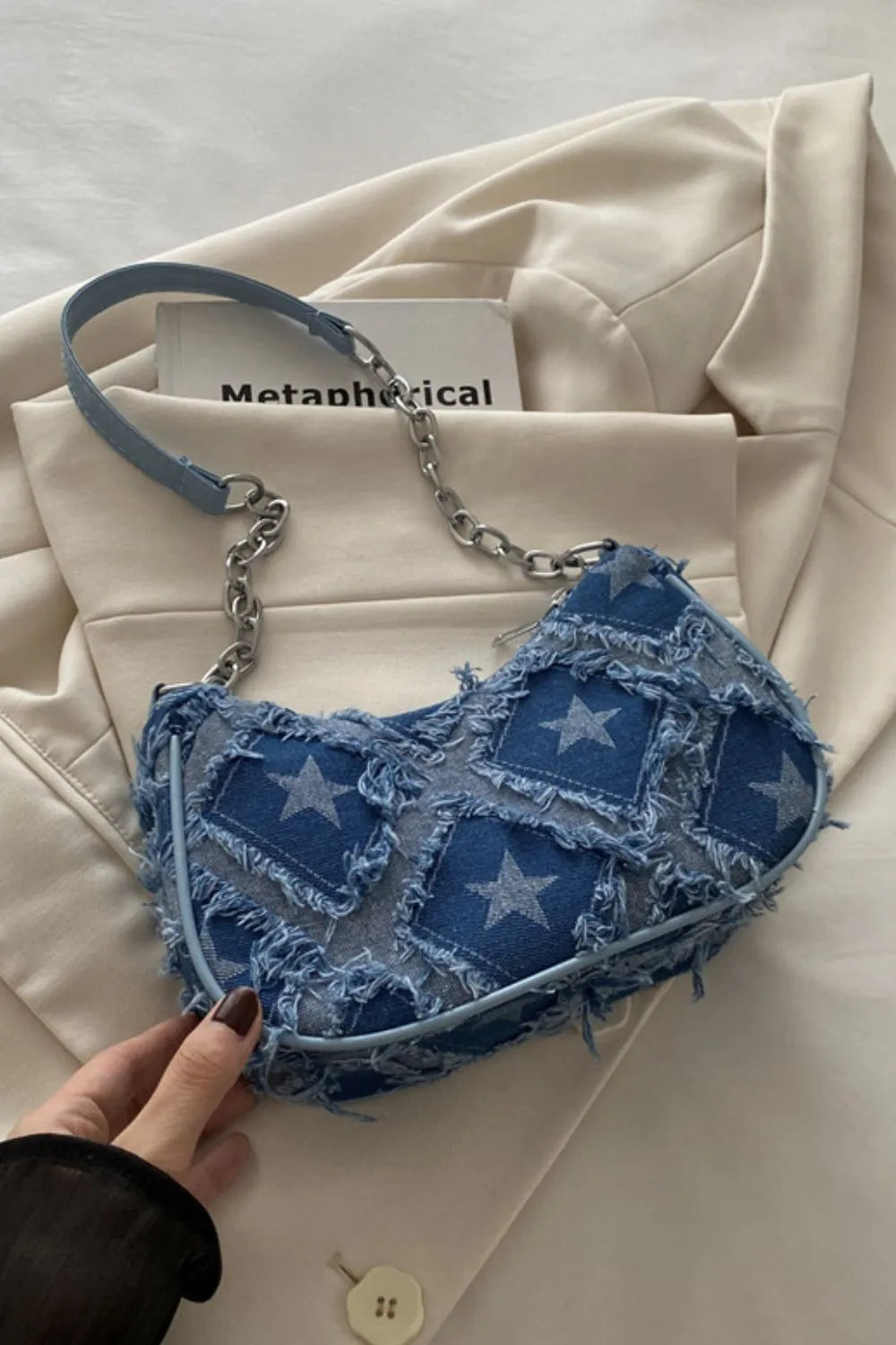 Fringe Star Print Shoulder Bag Dusty Blue One Size Easy Apparels