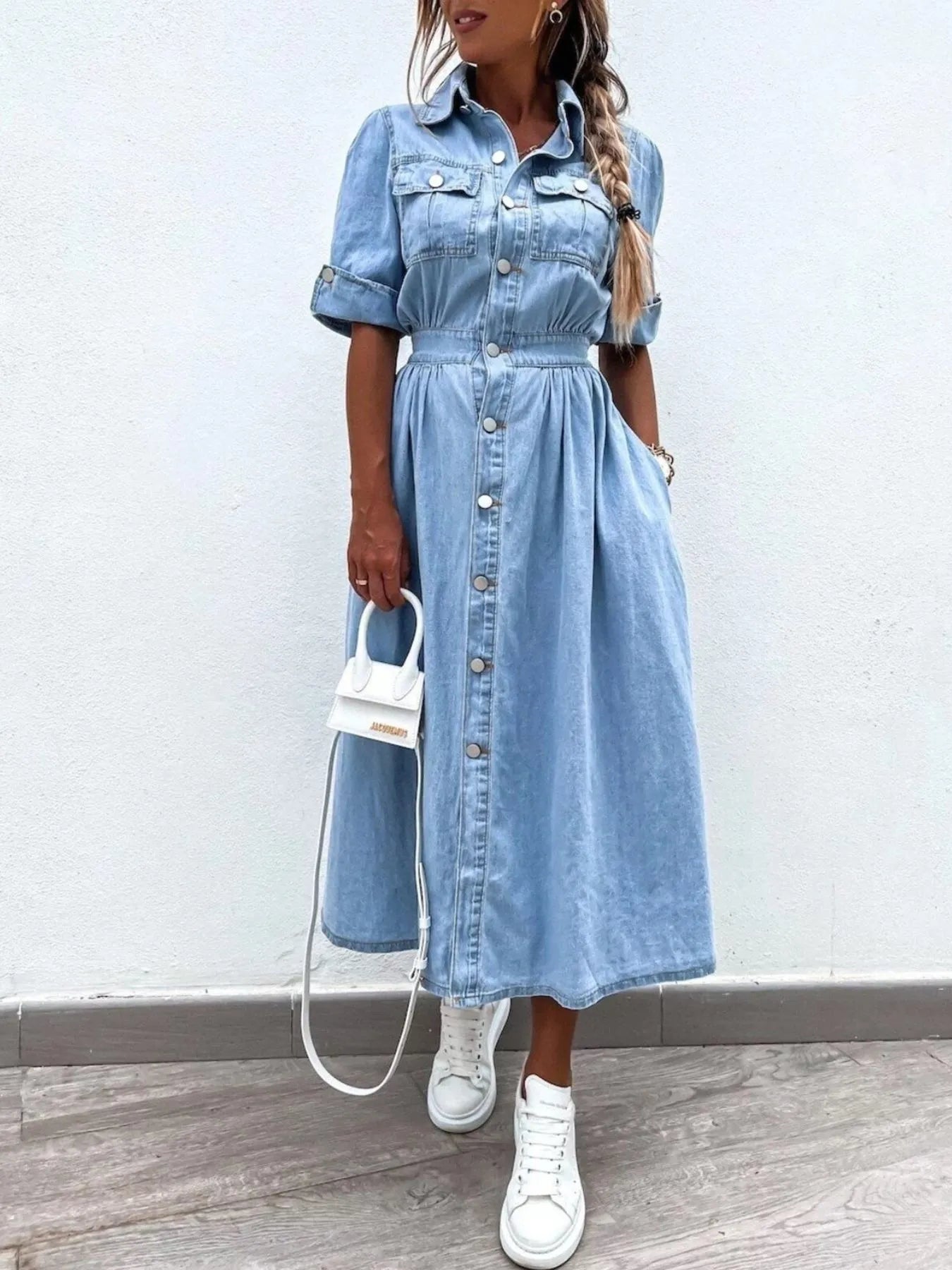 Full Size Button Down Roll-Up Sleeve Denim Shirt Dress Plus Size Easy Apparels