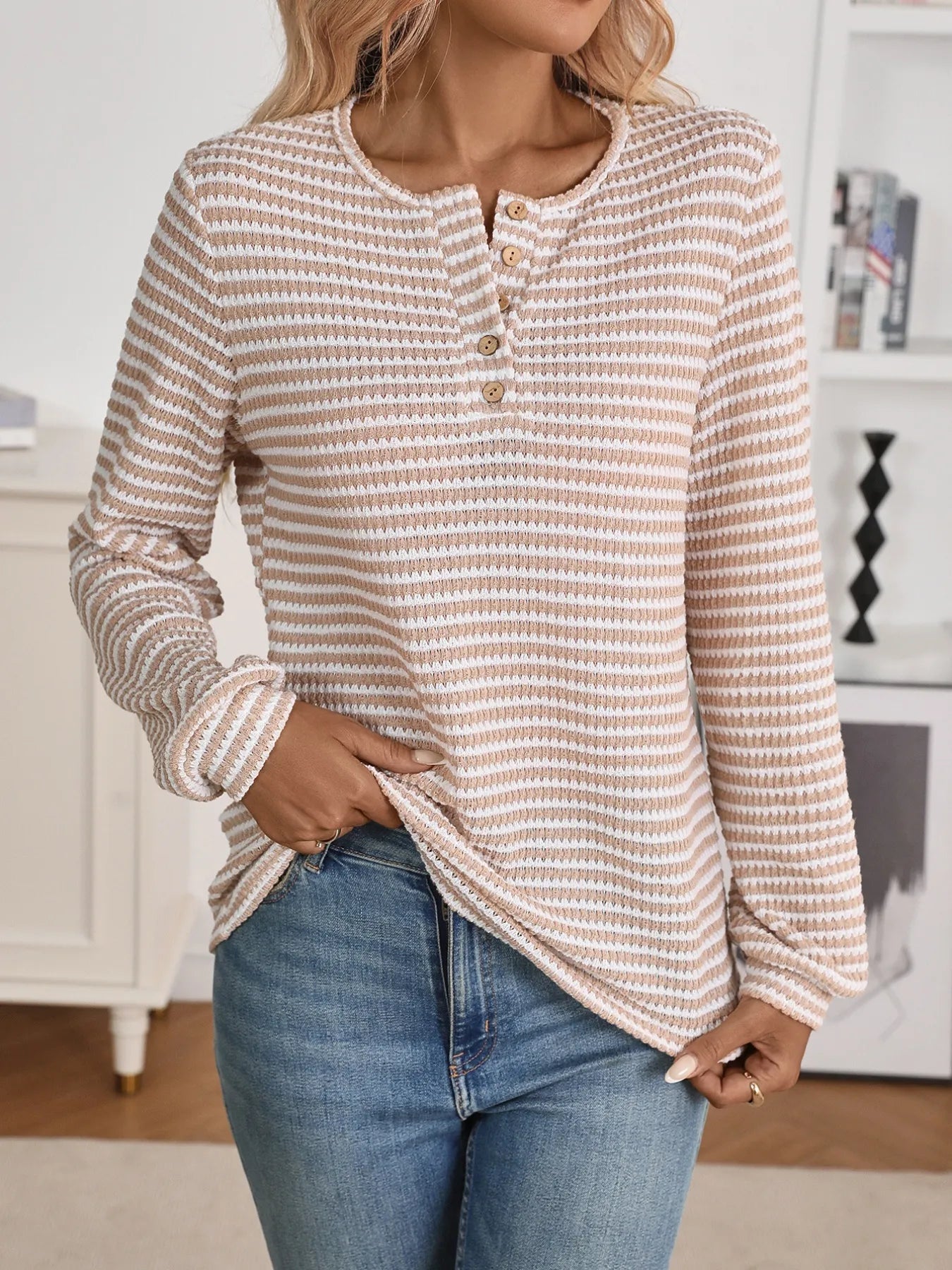 Trendsi Striped Button Detail Long Sleeve Top