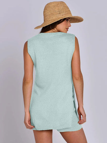 Side Slit Round Neck Tank and Ribbed Shorts Sweater Set Easy Apparels