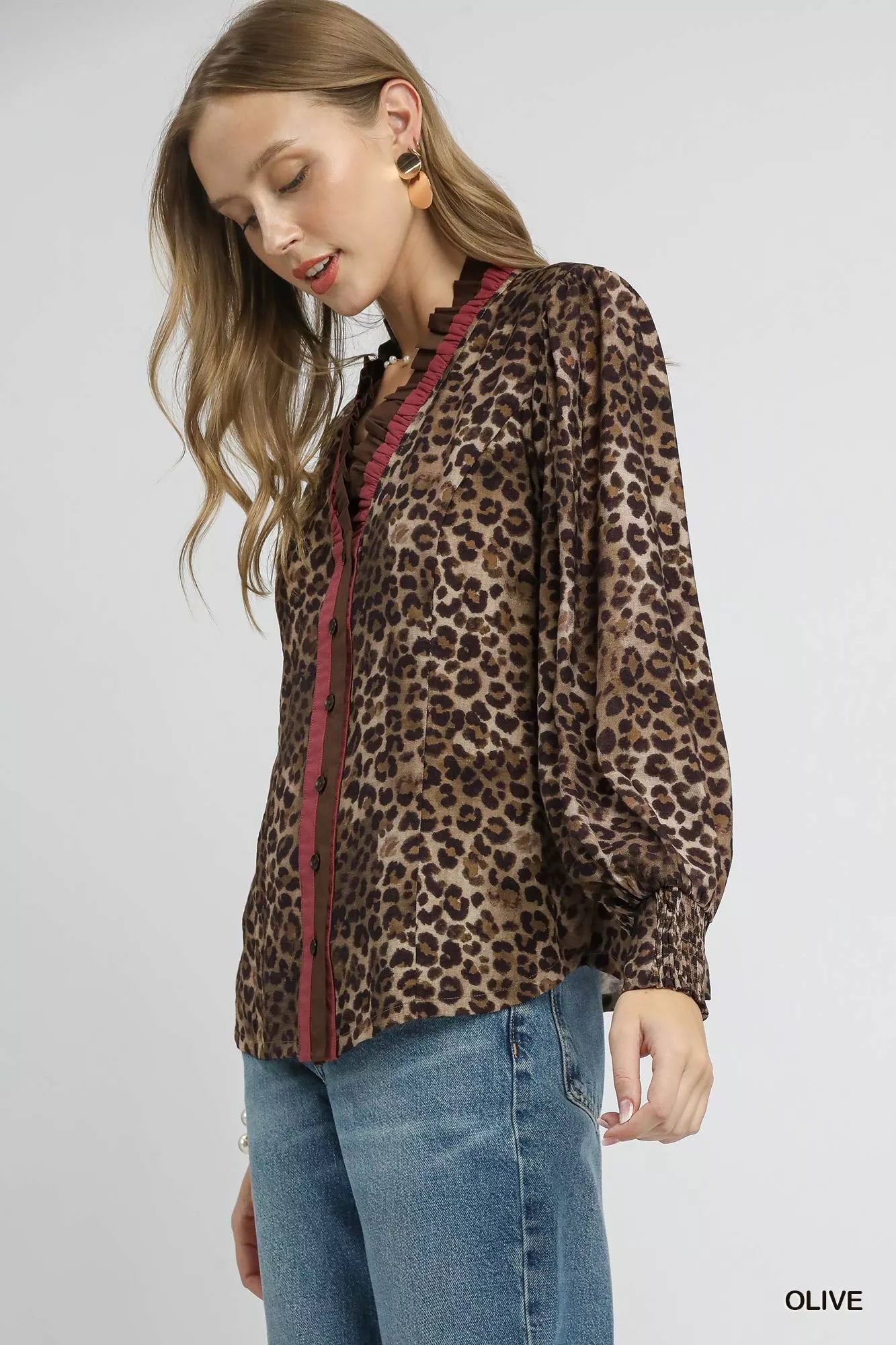 Umgee Ruffle Trim Leopard Print Shirt Easy Apparels