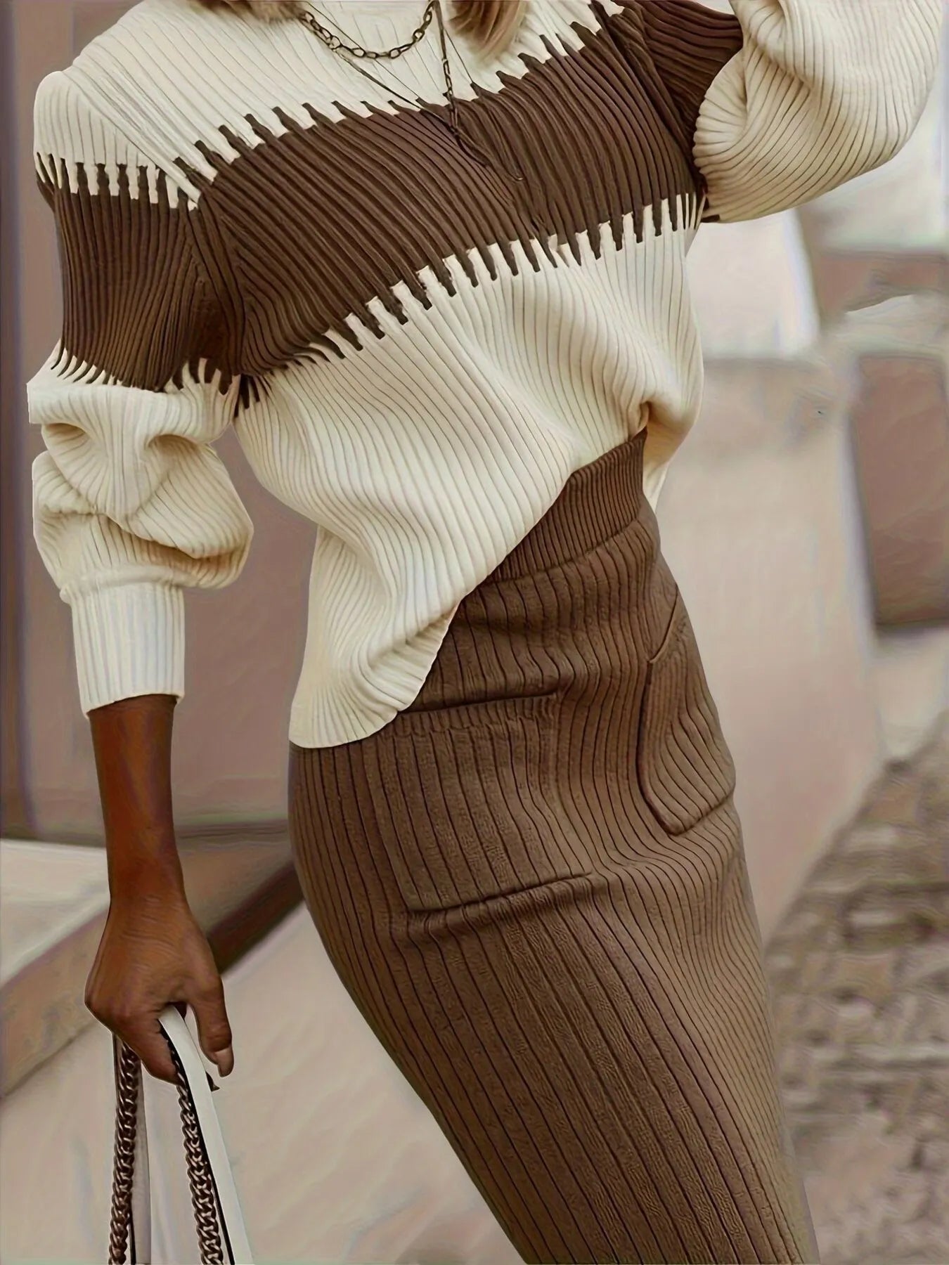 Two-Tone Ribbed Knit Top and Skirt Sweater Set Easy Apparels