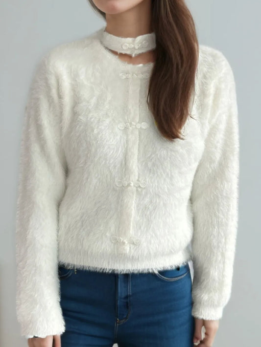 Cutout Knot Button Long Sleeve Cardigan White One Size Easy Apparels