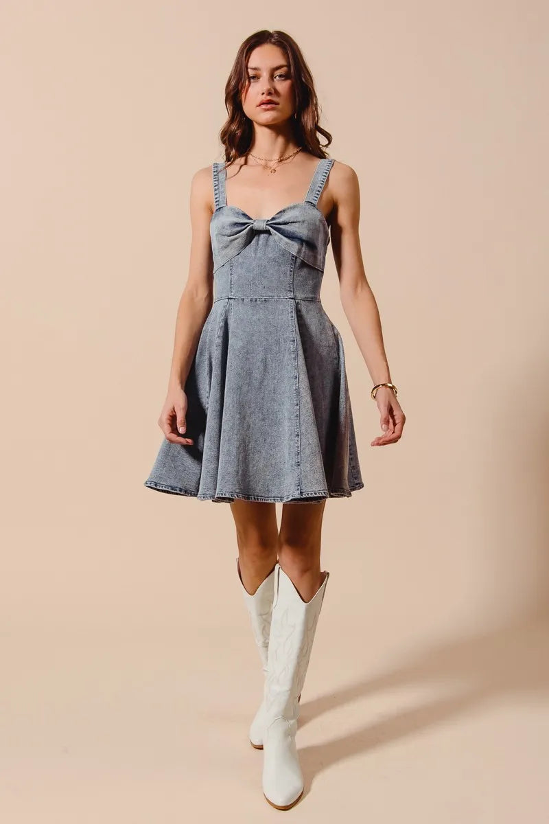 SO ME Mineral Washed Bow Ribbon Denim Flare Dress Easy Apparels