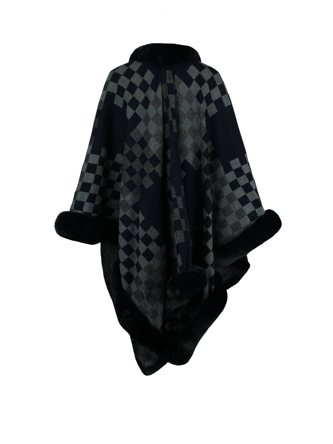 Checkered Faux Fur Trim Poncho Easy Apparels