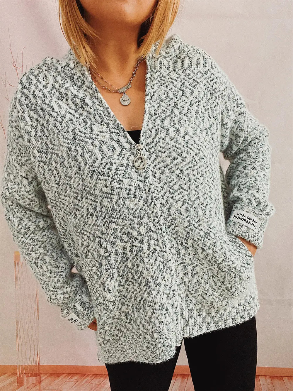 Zip Up Drawstring Long Sleeve Hooded Sweater Charcoal Easy Apparels