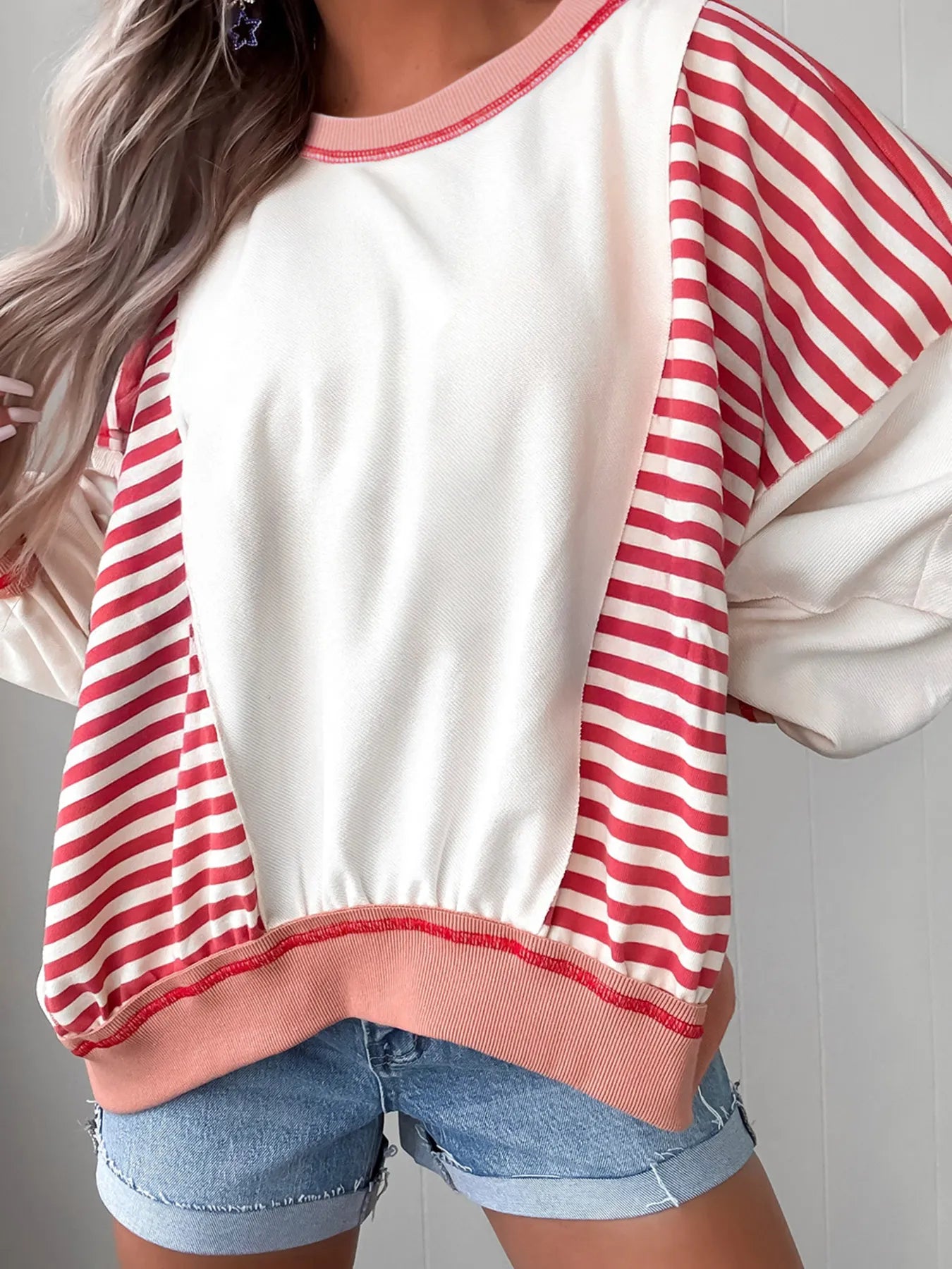 Trendsi Stripe Color Block Contrast Stitching Oversize Sweatshirt Coral
