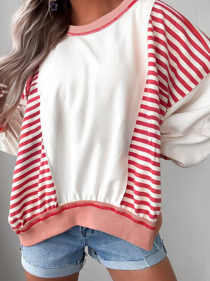 Trendsi Stripe Color Block Contrast Stitching Oversize Sweatshirt Coral