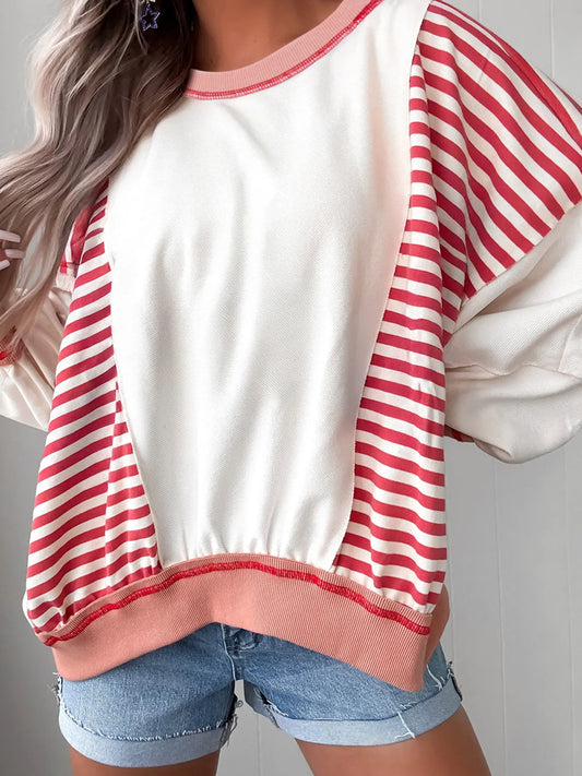 Trendsi Stripe Color Block Contrast Stitching Oversize Sweatshirt Coral