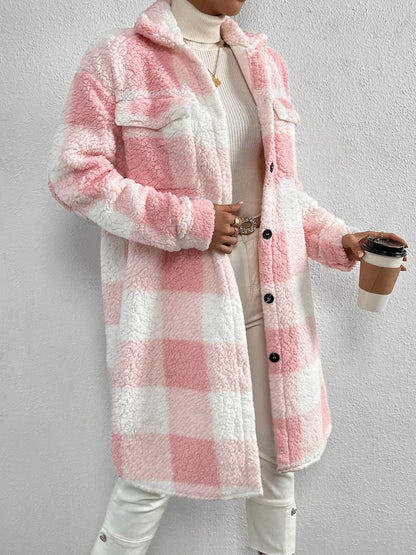 Plaid Collared Neck Button Down Coat Blush Pink Easy Apparels