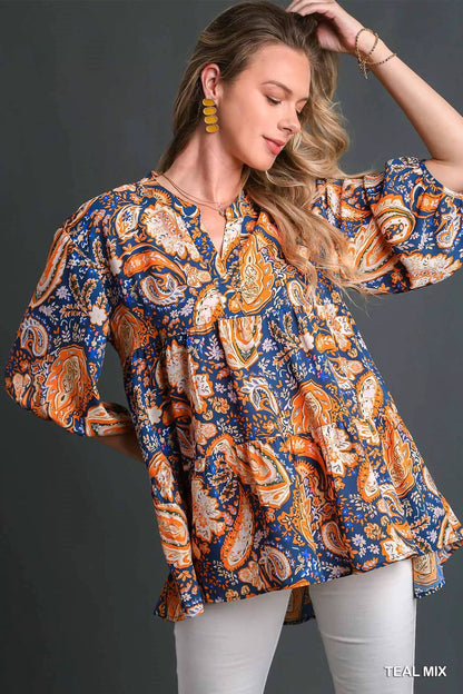 Umgee Mix Paisley Boho Tunic Blouse TEAL MIX Easy Apparels