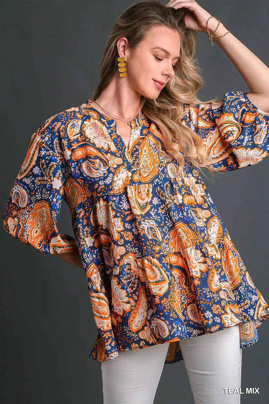 Umgee Mix Paisley Boho Tunic Blouse TEAL MIX Easy Apparels