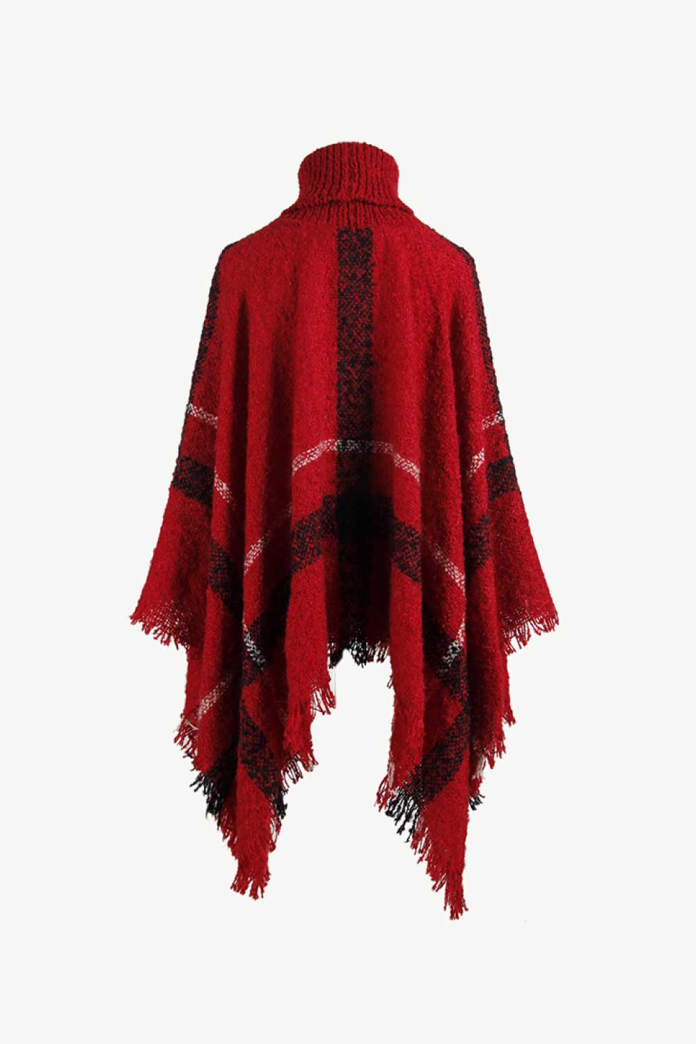 Plaid Turtleneck Raw Hem Poncho Easy Apparels