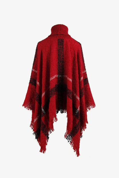 Plaid Turtleneck Raw Hem Poncho Easy Apparels