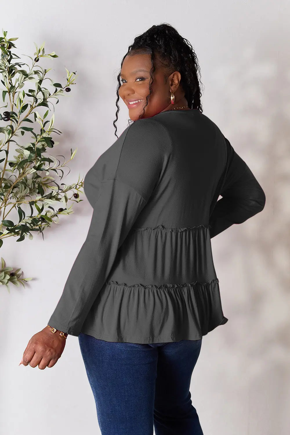 Trendsi Double Take Half Button Long Sleeve Ruffle Hem Blouse