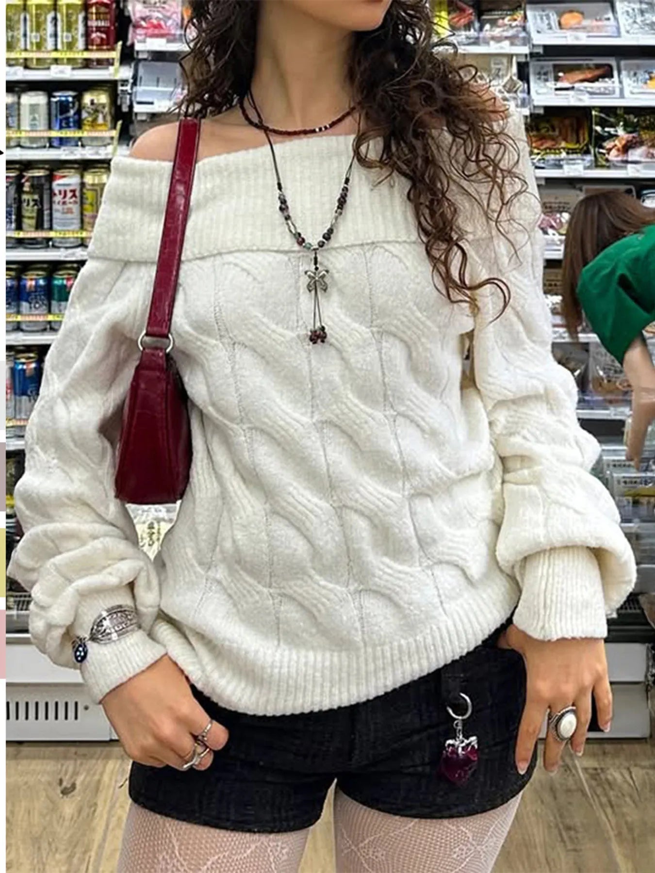 Trendsi Cable Knit Off-Shoulder Sweater White
