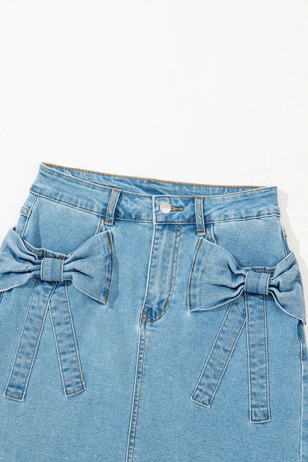 Acid Wash Bowknot Details High Waist Denim Skirt Easy Apparels