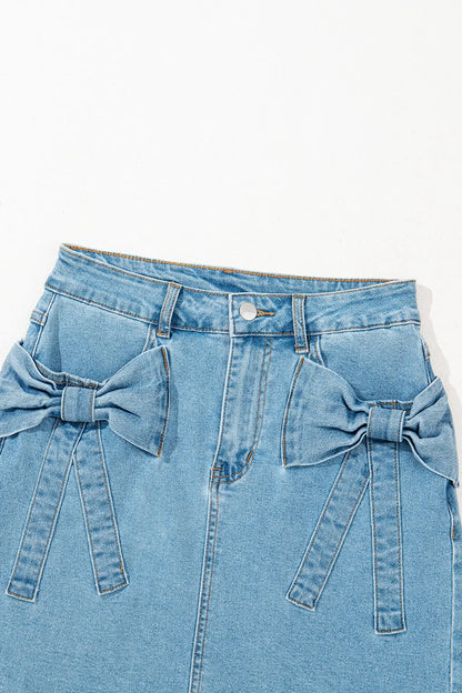 Acid Wash Bowknot Details High Waist Denim Skirt Easy Apparels