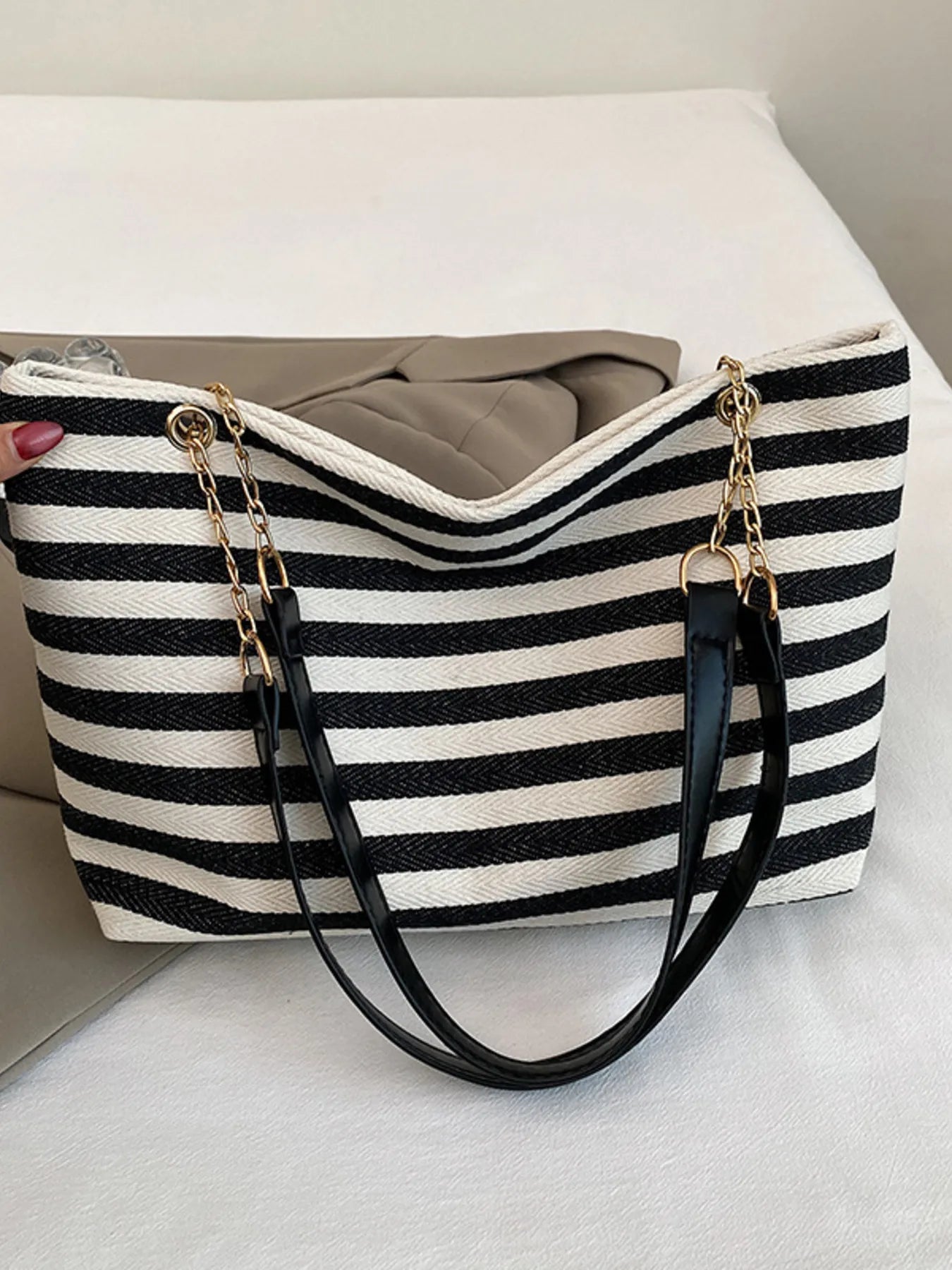 Striped Shoulder Bag with Chain Detail Easy Apparels