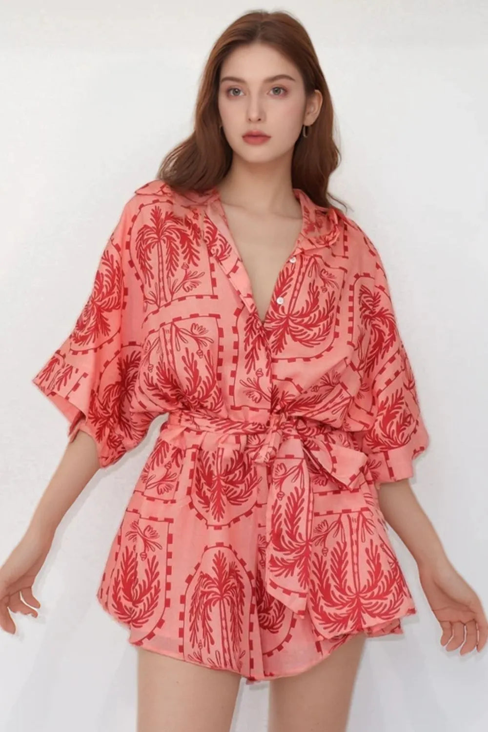 Printed Tie Waist Romper Red Easy Apparels