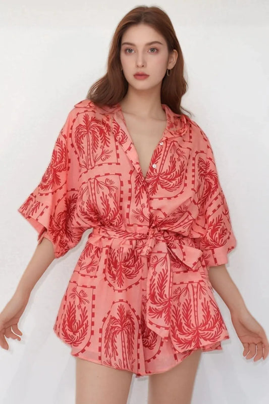 Printed Tie Waist Romper Red Easy Apparels